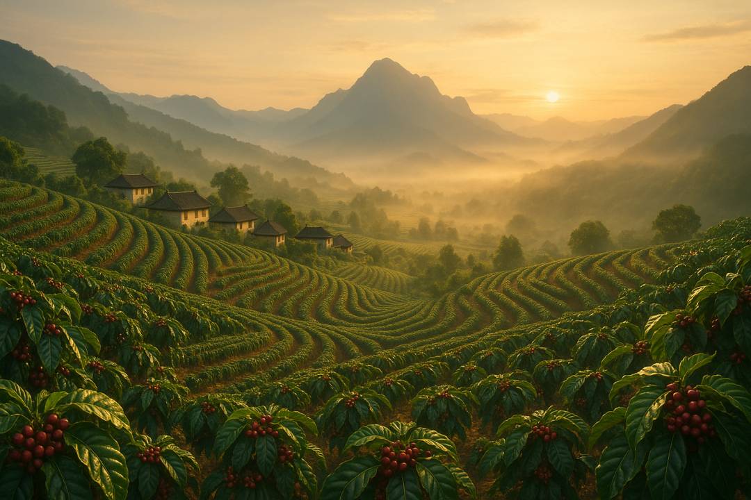 雲南コーヒー農園の朝霧