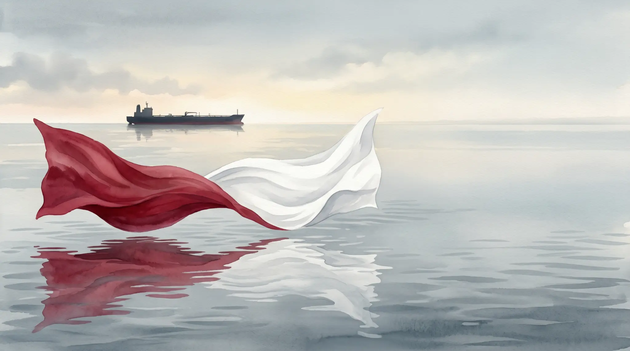 赤と白の布が水面に広がり、遠くにタンカーが浮かぶ静かな水彩風イラスト